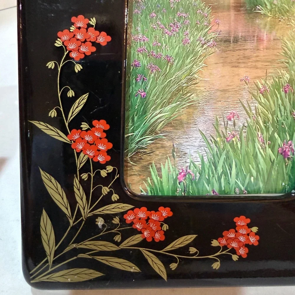 Vintage Made in Japan Black Lacquer Cherry Blossom Picture Frame Sakura Oriental